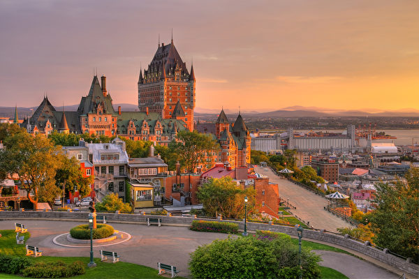 Frontenac Castle in Old Quebec City in the beautiful sunrise light. High dynamic range image. Travel, vacation, history, cityscape, nature, summer, hotels and architecture concept